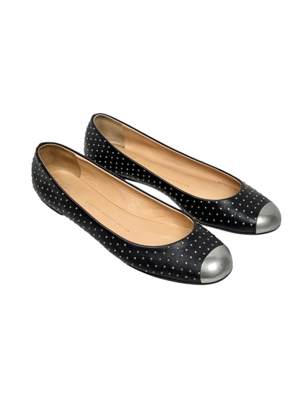 Giuseppe Zanotti Studded Flats Sz 9.5 Black Leather Silver Metal Cap Toe Goth